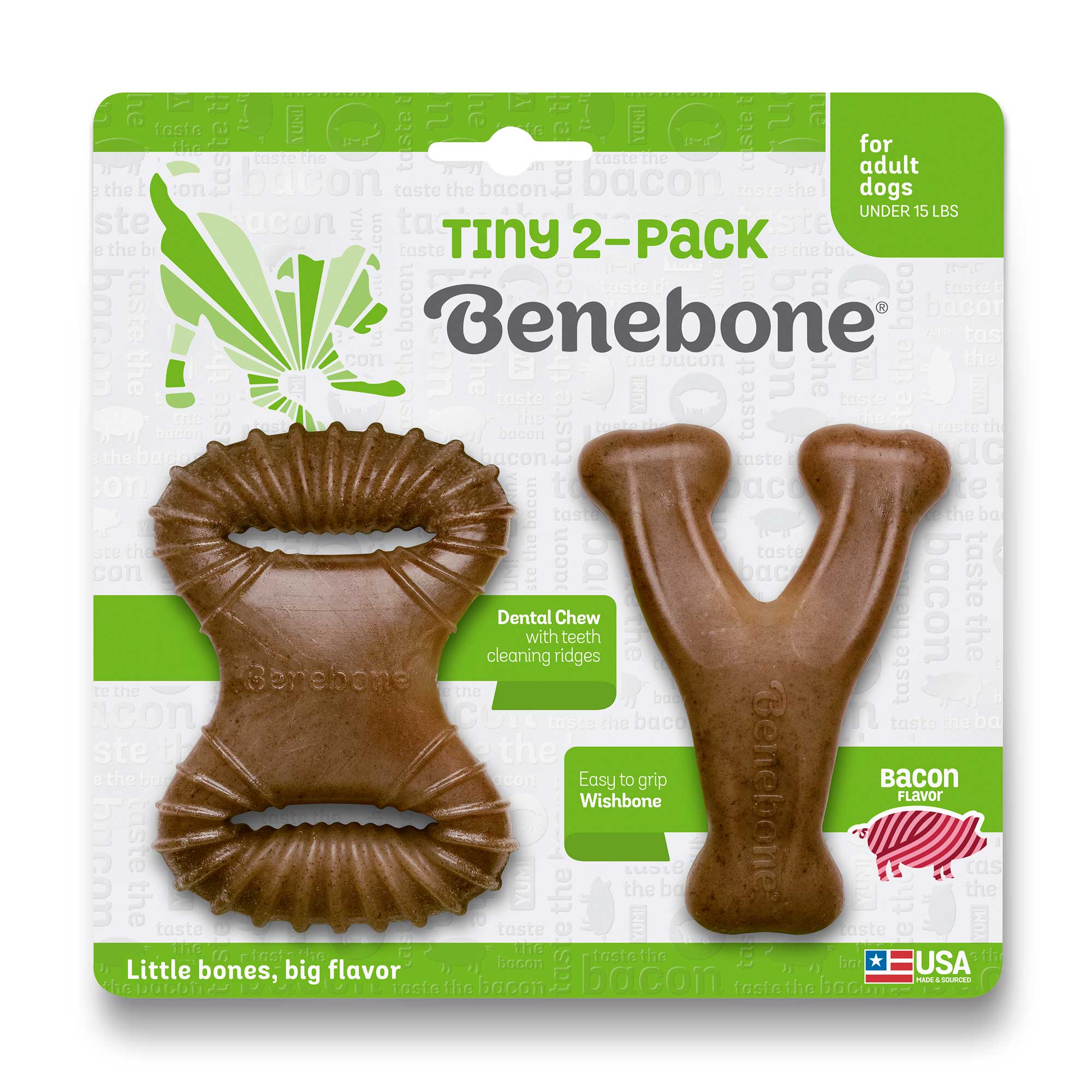 Benebone, Dental Chew/Wishbone pour chiens adultes, Tiny, Bacon, 2 paquets