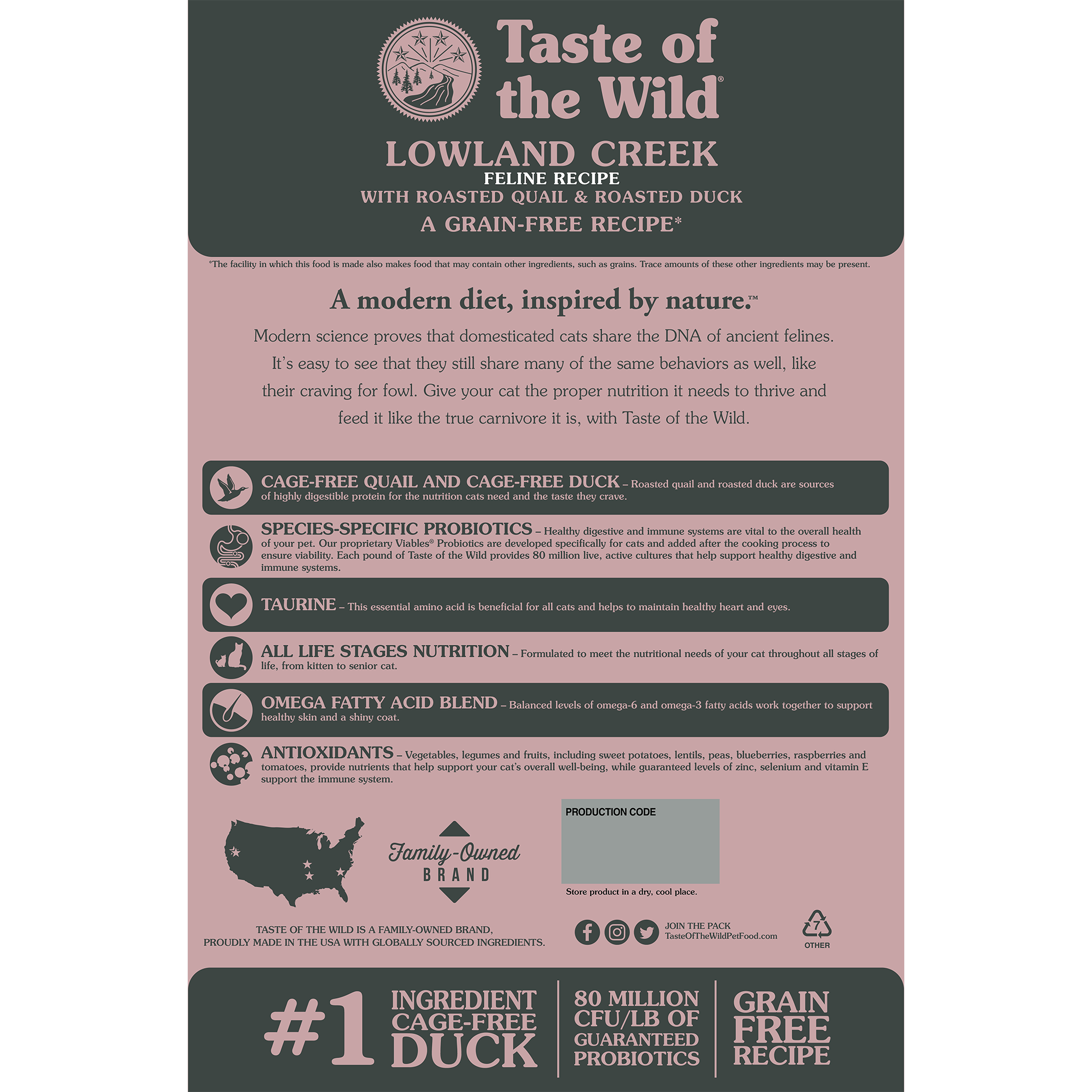 Le goût de la nature, Recette pour félins Taste Of The Wild Lowland Creek avec caille et canard rôtis