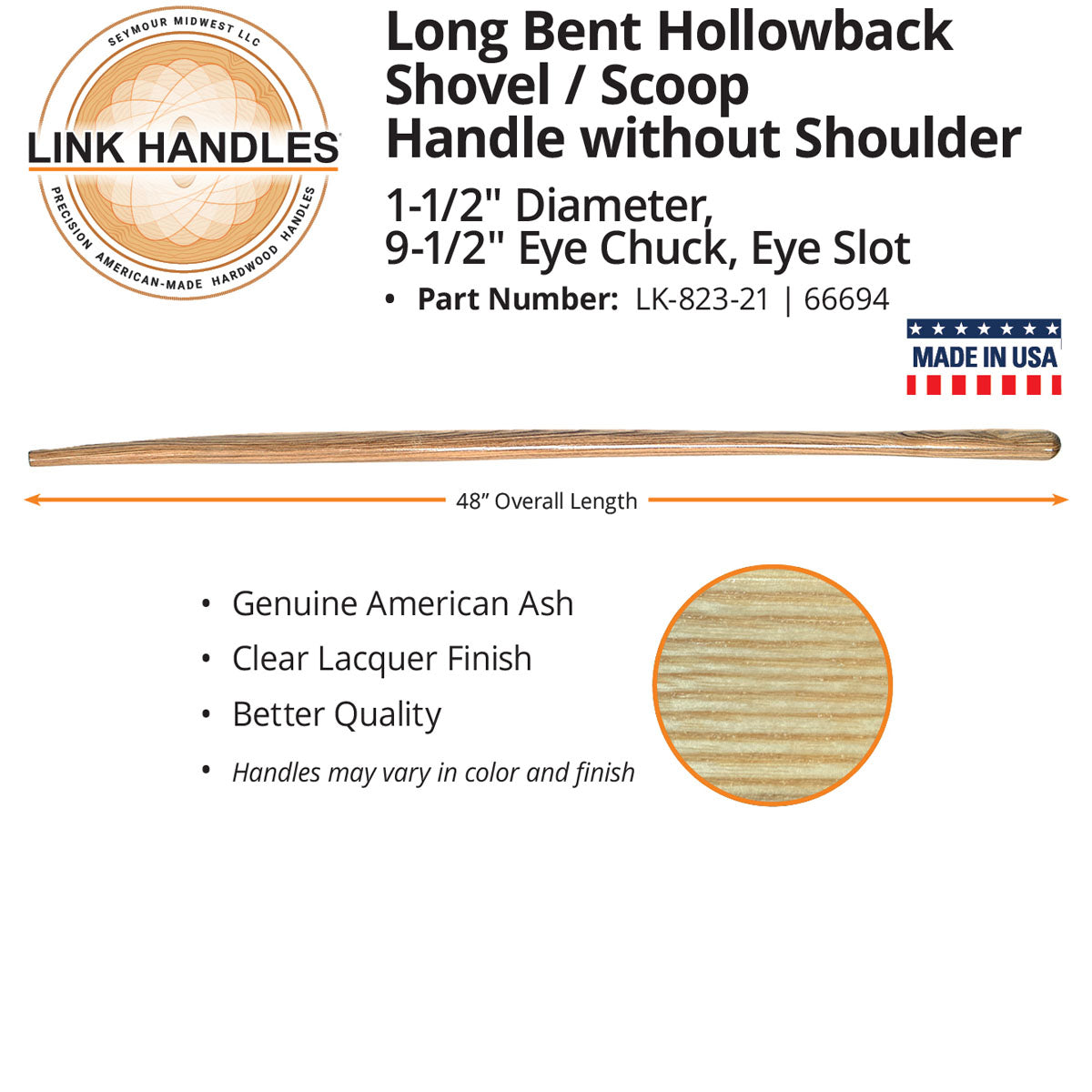 Poignée à maillons Seymour, Seymour Link Handle 48" bent hollowback Shovel/scoop Handle, without shoulder, 1-1/2" diameter, 9-1/2" chuck