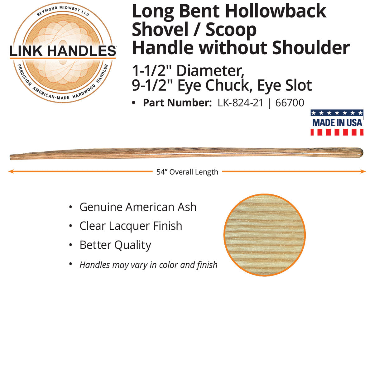 Poignée à maillons Seymour, Seymour Link Handle 54" bent hollowback Shovel/scoop Handle, without shoulder, 1-1/2" diameter, 9-1/2" chuck