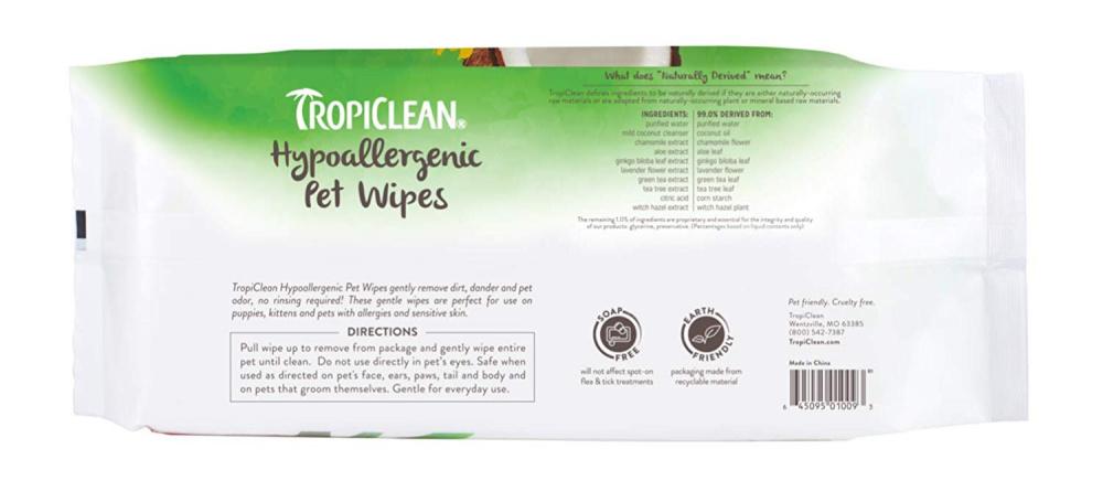 Tropiclean, TropiClean Lingettes nettoyantes hypoallergéniques pour animaux de compagnie