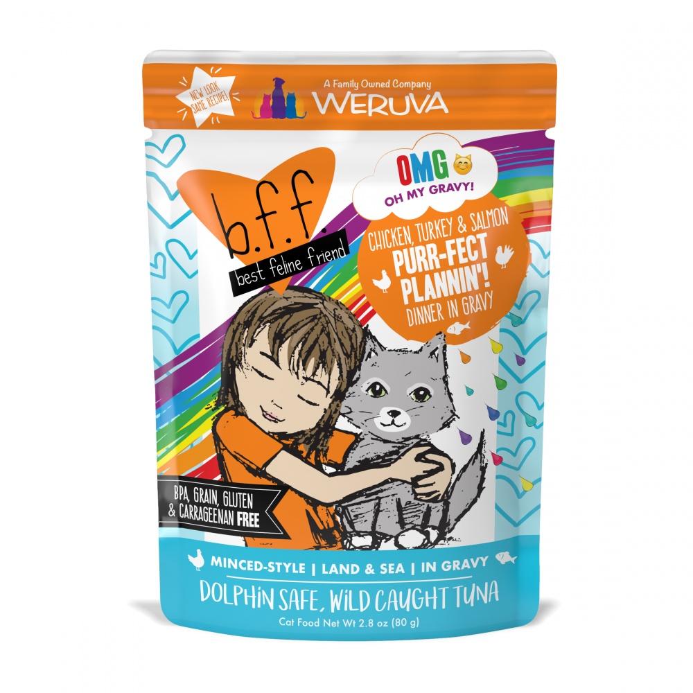 Weruva, Weruva BFF Oh My Gravy Purr-Fect Plannin Croquettes pour chat sans céréales au poulet, au thon et au saumon dans une sauce, en sachet.